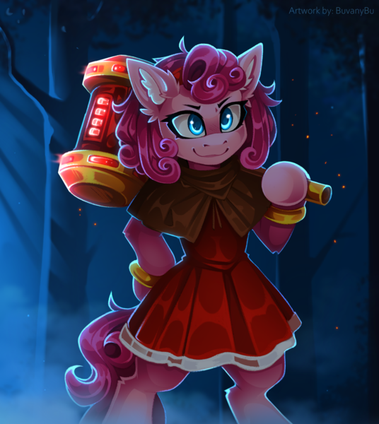 Size: 2232x2500 | Tagged: safe, alternate version, artist:buvanybu, derpibooru import, pinkie pie, g4, amy rose, bipedal, clothes, cosplay, costume, dress, female, forest, hammer, image, nature, outdoors, png, sonic the hedgehog (series), tree