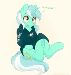 Size: 1500x1587 | Tagged: safe, artist:higgly-chan, derpibooru import, lyra heartstrings, pony, unicorn, g4, american football, blushing, clothes, dialogue, eye clipping through hair, female, hoodie, horn, image, looking up, mare, nfl, philadelphia eagles, png, raised hoof, raised hooves, simple background, sitting, smiling, solo, sports, super bowl, super bowl xxv