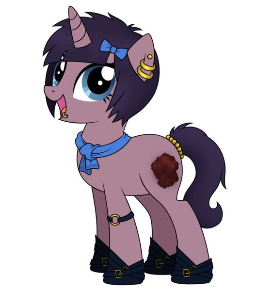 Size: 840x951 | Tagged: safe, artist:reitanna-seishin, derpibooru import, oc, oc:suey side, unofficial characters only, unicorn, :d, accessory, blue eyes, clothes, ear piercing, hairclip, horn, image, lip piercing, looking at you, open mouth, open smile, piercing, png, scarf, shoes, simple background, smiling, solo, tail bracelet, transparent background