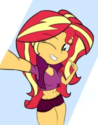 Size: 1098x1400 | Tagged: suggestive, artist:calmbreezes, derpibooru import, sunset shimmer, human, equestria girls, g4, gym shorts, image, png, selfie, smiling, solo