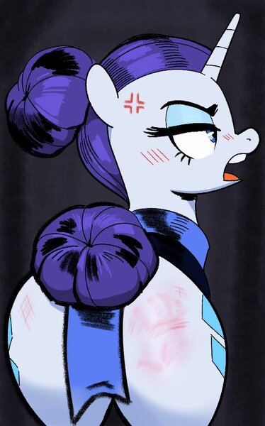 Size: 574x921 | Tagged: suggestive, artist:_ton618_, derpibooru import, rarity, pony, unicorn, g4, alternate hairstyle, alternate timeline, blush lines, blushing, butt, cross-popping veins, emanata, female, furrowed brow, gray background, horn, image, jpeg, mare, night maid rarity, nightmare takeover timeline, open mouth, plot, rear view, rearity, simple background, solo, solo female, spank mark, tail, tail bun