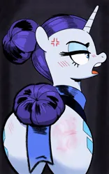 Size: 574x921 | Tagged: suggestive, artist:_ton618_, derpibooru import, rarity, pony, unicorn, g4, alternate hairstyle, alternate timeline, blush lines, blushing, butt, cross-popping veins, emanata, female, furrowed brow, gray background, horn, image, jpeg, mare, night maid rarity, nightmare takeover timeline, open mouth, plot, rear view, rearity, simple background, solo, solo female, spank mark, tail, tail bun