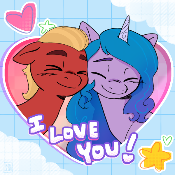 Size: 2048x2048 | Tagged: safe, artist:l211art, derpibooru import, izzy moonbow, sprout cloverleaf, earth pony, pony, unicorn, g5, commission, commissioner:puffydearlysmith, cute, eyes closed, female, floppy ears, happy, heart, horn, i love you, image, izzybetes, male, mare, nuzzling, png, ship:izzysprout, shipping, smiling, sproutbetes, stallion, straight, ych result