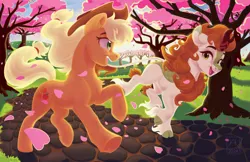 Size: 2000x1294 | Tagged: safe, artist:bluefeathercat, derpibooru import, applejack, autumn blaze, earth pony, kirin, pony, g4, cloven hooves, falling petals, female, fetlock tuft, image, jpeg, mare, petals, running, tree, underhoof