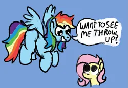 Size: 781x537 | Tagged: safe, artist:zoeyhorse, derpibooru import, fluttershy, rainbow dash, pegasus, pony, g4, blue background, dialogue, duo, duo female, female, flutterdash, flying, image, implied vomit, lesbian, mare, open mouth, open smile, png, shipping, simple background, smiling, speech bubble, spread wings, wings