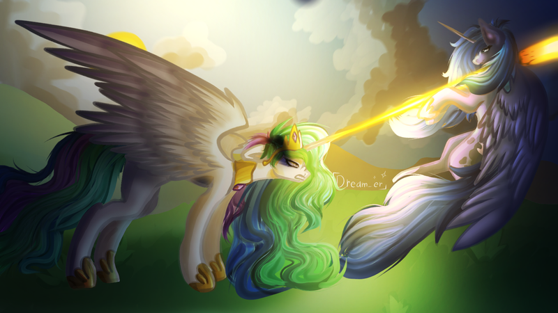 Size: 1920x1080 | Tagged: safe, artist:dream_er, derpibooru import, princess celestia, princess luna, alicorn, pony, g4, angry, blast, day, duo, female, image, magic, magic beam, magic blast, mare, night, png, profile, s1 luna, spread wings, wings