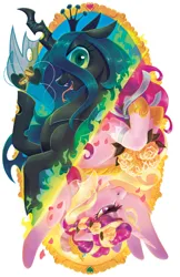 Size: 1294x2000 | Tagged: safe, artist:bluefeathercat, derpibooru import, princess cadance, queen chrysalis, alicorn, changeling, changeling queen, pony, g4, duality, fangs, female, flower, flower in hair, image, jewelry, jpeg, mare, mirror, ring, spread wings, wings