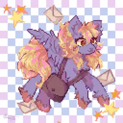 Size: 512x512 | Tagged: safe, artist:brila, derpibooru import, derpy hooves, pegasus, pony, g4, bag, checkered background, digital art, envelope, female, flying, image, mailbag, mare, pixel art, png, smiling, solo, unshorn fetlocks