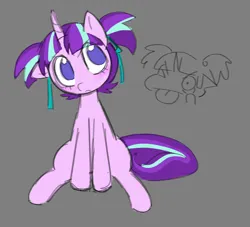 Size: 1188x1080 | Tagged: safe, artist:bonedustz, derpibooru import, starlight glimmer, pony, unicorn, g4, :c, >:c, akanbe, alternate hairstyle, closed mouth, eyebrows, eyebrows visible through hair, eyelid pull, female, filly, foal, frown, full body, hair ribbon, head tilt, horn, image, looking at you, multiple views, no pupils, one ear down, one eye closed, pigtails, png, ribbon, short mane, sitting, solo, tongue out, younger