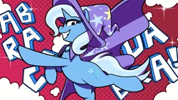 Size: 1366x768 | Tagged: safe, artist:thebatfang, derpibooru import, trixie, pony, unicorn, g4, abracadabra, cape, clothes, female, hat, horn, image, looking at you, mare, png, smiling, solo, solo female, trixie's cape, trixie's hat