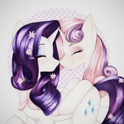 Size: 2700x2700 | Tagged: safe, artist:affeliii, derpibooru import, rarity, sweetie belle, pony, unicorn, g4, eyes closed, female, flower, flower in hair, horn, image, jpeg, siblings, sisters