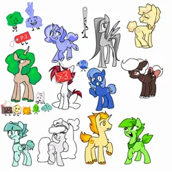 Size: 2000x2000 | Tagged: safe, artist:zombiechixx, derpibooru import, ponified, earth pony, pegasus, pony, unicorn, g4, bandana, battle for dream island, bowtie, cake (battle for dream island), colored hooves, cutie mark, female, firey (battle for dream island), foldy (battle for dream island), glasses, glow, glowing horn, hooves, horn, image, jpeg, leafy (battle for dream island), leaves, loser (battle for dream island), male, mane, mare, needle (battle for dream island), pillow (battle for dream island), price tag, price tag (battle for dream island), profily (battle for dream island), raised hoof, raised leg, simple background, sitting, spread wings, stallion, standing, standing on three hooves, tail, tree (battle for dream island), white background, wings, winner (battle for dream island)