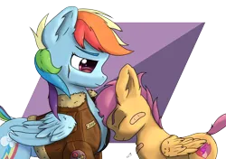 Size: 5016x3541 | Tagged: safe, artist:db, artist:dbcreativearts, artist:playful wings, derpibooru import, rainbow dash, scootaloo, pegasus, pony, g4, chest fluff, clothes, cutie mark, duo, duo female, eyes closed, female, filly, foal, folded wings, image, jacket, mare, png, scootalove, side view, simple background, the cmc's cutie marks, white background, wings