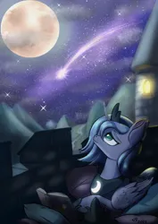 Size: 2480x3508 | Tagged: safe, artist:db, artist:playful wings, derpibooru import, princess luna, alicorn, pony, g4, book, eyebrows, female, folded wings, full moon, high res, image, looking up, lying down, mare, moon, night, night sky, pillow, png, prone, shooting star, sky, smiling, solo, stars, wings