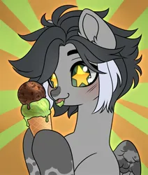 Size: 1835x2160 | Tagged: safe, artist:konejo, derpibooru import, oc, unofficial characters only, pegasus, pony, blushing, bust, food, ice cream, ice cream on tongue, image, jpeg, looking at something, mlem, silly, solo, spots, starry eyes, tongue out, two toned hair, wingding eyes, wip