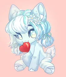 Size: 1841x2160 | Tagged: safe, artist:konejo, derpibooru import, pony, :3, clothes, ear fluff, heart, heart eyes, horn, image, jpeg, looking at you, mouth hold, signature, simple background, sitting, socks, solo, spots, striped socks, two toned coat, two toned mane, underhoof, wingding eyes