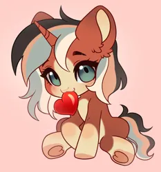 Size: 2011x2160 | Tagged: safe, artist:konejo, derpibooru import, pony, unicorn, g4, :3, ear fluff, heart, horn, image, jpeg, looking at you, mouth hold, multicolored mane, multicolored tail, signature, simple background, sitting, solo, tail, two toned coat, underhoof