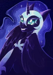 Size: 744x1039 | Tagged: safe, artist:faelitha, derpibooru import, nightmare moon, princess luna, alicorn, pony, g4, antagonist, armor, evil, glow, horn, image, png, solo, sparkles, stars, wings