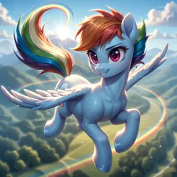 Size: 5120x5120 | Tagged: safe, generator:bluefox mix, machine learning generated, prompter:derp621, rainbow dash, pegasus, pony, g4, blurry background, female, flying, image, jpeg, looking at something, mare, prompt in description, rainbow, raised tail, short hair, smiling, smiling at something, solo, spread wings, sun, sweat, tail, toned, toned female, trail, wings