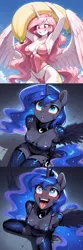 Size: 1024x3071 | Tagged: suggestive, machine learning generated, stable diffusion, princess celestia, princess luna, alicorn, anthro, princess molestia, g4, absolute cleavage, banana, bananalestia, breasts, cleavage, clothes, comic, corset, crazy face, crazy smile, crown, do you like bananas?, excitement, faic, female, food, giant banana, heart eyes, holding, image, jewelry, lingerie, looking up, necklace, no crown, open mouth, panties, pants, pink hair, pink mane, pink tail, png, prompter:k.r.e.d.k.e, regalia, royal sisters, scale armor, scales, siblings, sisters, smiling, spread wings, thong, underwear, wingding eyes, wings