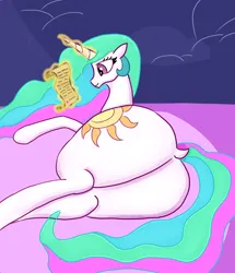 Size: 1864x2168 | Tagged: safe, artist:glacialfeather, derpibooru import, princess celestia, alicorn, g4, butt, celestias room, dock, female, image, letter, magic, plot, png, solo, solo female, sunbutt, tail, telekinesis, the ass was fat