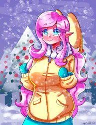 Size: 1545x2000 | Tagged: safe, artist:mylittleyuri, derpibooru import, fluttershy, human, g4, blush lines, blushing, breasts, busty fluttershy, christmas, christmas tree, clothes, elf ears, eye clipping through hair, eyebrows, eyebrows visible through hair, female, heart, heart eyes, holiday, humanized, image, jacket, jpeg, light skin, mittens, outdoors, smiling, snow, snowfall, tree, white pupils, wingding eyes, winged humanization, wings