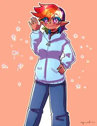 Size: 1545x2000 | Tagged: safe, artist:mylittleyuri, derpibooru import, rainbow dash, human, g4, blush lines, blushing, clothes, elf ears, eyebrows, eyebrows visible through hair, female, hand on hip, heart, heart eyes, hoodie, humanized, image, jpeg, orange background, simple background, smiling, solo, tan skin, waving, waving at you, white pupils, wingding eyes