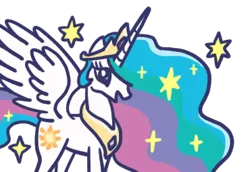 Size: 370x255 | Tagged: safe, derpibooru import, edit, princess celestia, alicorn, pony, g4, :d, cropped, feathered wings, female, flowing mane, hair over one eye, horn, image, jewelry, line sticker, looking at you, mare, open mouth, open smile, png, simple background, smiling, smiling at you, solo, sparkles, sparkly mane, standing, three quarter view, tiara, transparent background, wings