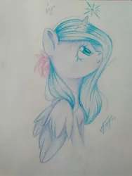 Size: 1200x1600 | Tagged: safe, artist:dorry, derpibooru import, oc, unofficial characters only, alicorn, pony, bust, colored pencil drawing, female, female oc, flower, flower in hair, folded wings, image, jpeg, looking up, mare, mare oc, old art, side view, solo, traditional art, wings