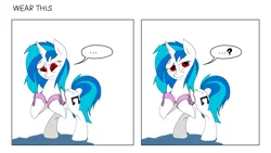 Size: 6900x3902 | Tagged: safe, artist:ponny, derpibooru import, vinyl scratch, pony, unicorn, g4, ..., bipedal, bra, clothes, colored, comic, confused, confusion, frown, horn, image, looking up, png, question mark, shadow, simple background, solo, speech bubble, text, underwear, white background