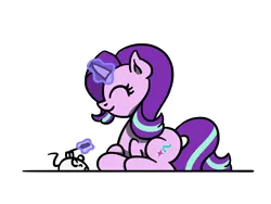 Size: 1800x1350 | Tagged: safe, artist:flutterluv, derpibooru import, starlight glimmer, mouse, pony, unicorn, g4, duo, eyes closed, horn, image, jpeg, lying down, magic, magic aura, ponified animal video, prone, simple background, smiling, telekinesis, white background