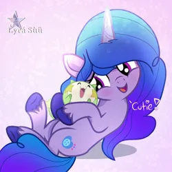 Size: 1280x1280 | Tagged: safe, artist:vanillapie10, derpibooru import, izzy moonbow, pony, unicorn, g4, g5, abstract background, blushing, cute, dialogue, duo, female, g5 to g4, generation leap, gradient background, horn, hug, image, izzybetes, jpeg, lying down, mare