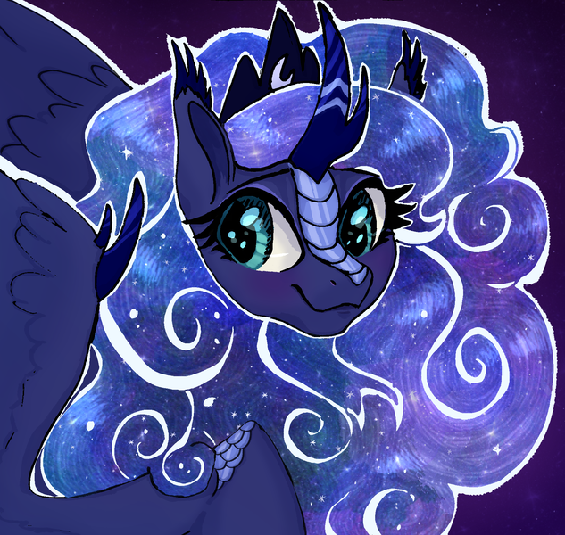 Size: 1850x1754 | Tagged: safe, artist:shaslan, derpibooru import, princess luna, kirin, g4, blue eyes, blue mane, blue tail, cloven hooves, crescent horn, crescent moon, crown, digital art, ethereal mane, ethereal tail, eyebrows, eyelashes, eyeshadow, female, flowing mane, flowing tail, glow, gray background, image, jewelry, kirin luna, kirinified, logo, looking at you, makeup, moon, png, quadrupedal, regalia, scales, signature, simple background, smiling, smiling at you, solo, species swap, starry mane, starry tail, stars, tail, unshorn fetlocks