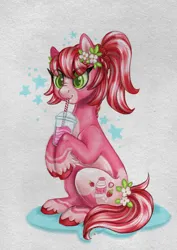 Size: 2577x3649 | Tagged: safe, artist:pastelpalette, derpibooru import, oc, oc:strawberry milk, unofficial characters only, pony, big eyes, cute, drink, drinking, drinking straw, food, happy, image, milk, pink coat, png, sitting, strawberry