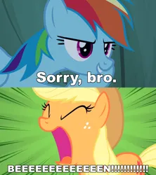 Size: 1280x1440 | Tagged: safe, derpibooru import, edit, applejack, rainbow dash, earth pony, pegasus, pony, campfire tales, g4, over a barrel, season 1, season 7, ben phillips, caption, elliot giles, female, image, image macro, mare, my little pony, png, speed lines, text