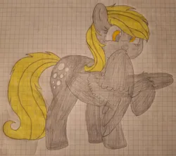 Size: 2976x2644 | Tagged: safe, artist:tisalie, derpibooru import, derpy hooves, pegasus, pony, g4, cute, derp, derpabetes, female, graph paper, grid background, grooming, happy, hoof fluff, image, jpeg, mare, pencil drawing, preening, raised hoof, simple background, solo, spread wings, traditional art, wings