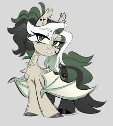 Size: 1448x1606 | Tagged: safe, artist:crimmharmony, derpibooru import, oc, oc:medusa, unofficial characters only, bat pony, bat wings, colored sclera, colored sketch, ear piercing, green eyes, green hair, image, lidded eyes, looking at you, nonbinary, nose piercing, piercing, png, simple background, sketch, smiling, smiling at you, solo, spread wings, standing, wings