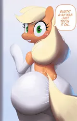 Size: 992x1548 | Tagged: suggestive, artist:_ton618_, derpibooru import, applejack, earth pony, semi-anthro, g4, applebutt, applejack also dresses in style, blatant lies, blushing, butt, butt freckles, caught, clothes, dialogue, disproportional anatomy, dress, evening gloves, female, freckles, gloves, green eyes, huge butt, image, implied rarity, jpeg, large butt, long gloves, looking at you, looking back, looking back at you, offscreen character, open-back dress, pov, solo, solo female, speech bubble, sweat, sweatdrop, tail, text, the ass was fat, wedding dress