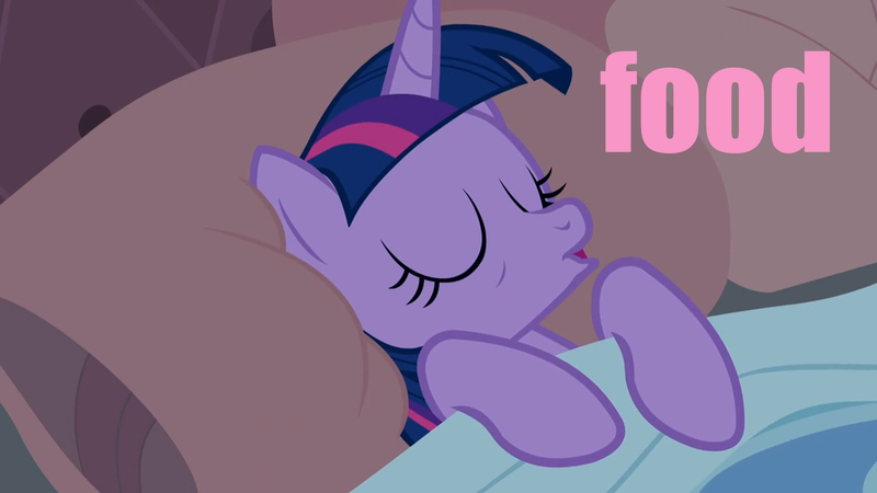 Size: 1920x1080 | Tagged: safe, derpibooru import, edit, edited screencap, editor:poniesmeme20, screencap, twilight sparkle, twilight sparkle (alicorn), alicorn, pony, g4, princess spike (episode), season 5, eyes closed, female, food, image, indoors, jpeg, my little pony, onomatopoeia, sleeping, solo, sound effects, text, wat, zzz