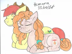 Size: 1169x883 | Tagged: safe, artist:cmara, derpibooru import, bright mac, pear butter, g4, couple, duo, duo male and female, eyes closed, female, image, jpeg, male, sleeping