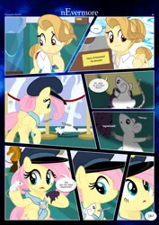 Size: 3259x4607 | Tagged: safe, artist:estories, derpibooru import, fluttershy, oc, oc:alice goldenfeather, mouse, pegasus, pony, comic:nevermore, g4, alternate hairstyle, clothes, image, pegasus oc, png, police uniform, speech bubble, wings