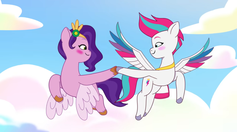 Size: 1290x720 | Tagged: safe, derpibooru import, edit, edited screencap, screencap, pipp petals, zipp storm, pegasus, pony, g5, my little pony: tell your tale, sisters take flight, spoiler:g5, spoiler:my little pony: tell your tale, spoiler:tyts01e03, bag, bedroom eyes, blush edit, blushing, cloud, female, flying, hoof hold, image, incest, lesbian, looking at each other, looking at someone, outdoors, png, royal sisters (g5), ship:petalstorm, shipping, siblings, sisters, spread wings, wings