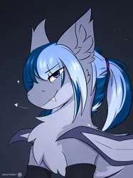 Size: 2048x2732 | Tagged: safe, artist:snowstormbat, derpibooru import, oc, oc:midnight snowstorm, bat pony, pony, clothes, gradient background, image, long hair, male, one eye closed, png, ponytail, smiling, socks, solo, stallion, wink