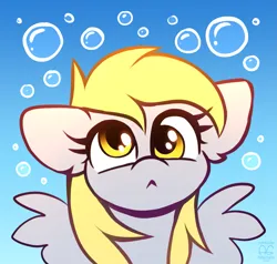 Size: 2301x2192 | Tagged: safe, artist:argigen, derpibooru import, derpy hooves, pegasus, pony, g4, :<, bubble, bust, cute, derpabetes, female, front view, gradient background, image, looking up, png, sketch, solo, spread wings, wings