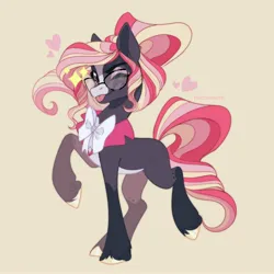 Size: 3000x3000 | Tagged: safe, artist:nettlemoth, derpibooru import, oc, unofficial characters only, earth pony, pony, bowtie, female, floating heart, glasses, heart, image, jpeg, mare, one eye closed, shirtless shirt collar, simple background, solo, tongue out, unshorn fetlocks, wink