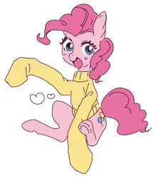 Size: 588x671 | Tagged: safe, artist:pasikon, derpibooru import, pinkie pie, earth pony, pony, g4, :d, blush lines, blushing, clothes, cute, cute ponies in sweaters, diapinkes, female, full body, heart, hoof in air, image, jpeg, long sleeves, looking at you, mare, open mouth, open smile, simple background, sitting, smiling, smiling at you, solo, sweater, three quarter view, underhoof, white background