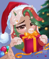 Size: 1692x2048 | Tagged: safe, artist:candybun, ponerpics import, oc, unofficial characters only, pony, christmas, female, hat, holiday, image, jpeg, mare, present, santa hat