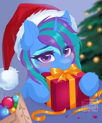 Size: 1692x2048 | Tagged: safe, artist:candybun, ponerpics import, oc, unofficial characters only, pony, christmas, female, hat, holiday, image, jpeg, mare, present, santa hat