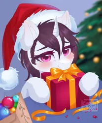 Size: 1692x2048 | Tagged: safe, artist:candybun, ponerpics import, oc, unofficial characters only, pony, christmas, female, hat, holiday, image, jpeg, mare, present, santa hat