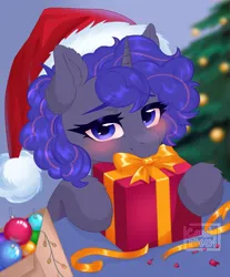 Size: 1652x1999 | Tagged: safe, artist:candybun, ponerpics import, oc, unofficial characters only, pony, christmas, female, hat, holiday, image, jpeg, mare, present, santa hat